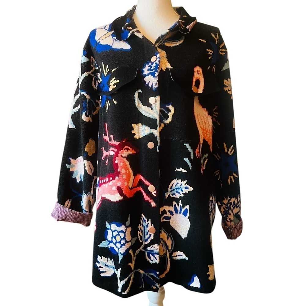 BY ANTHROPOLOGIE WOMEN’S CUTE SHACKET SWEATER BLACK WITH FLAMINGOS & FLORAL SZ M